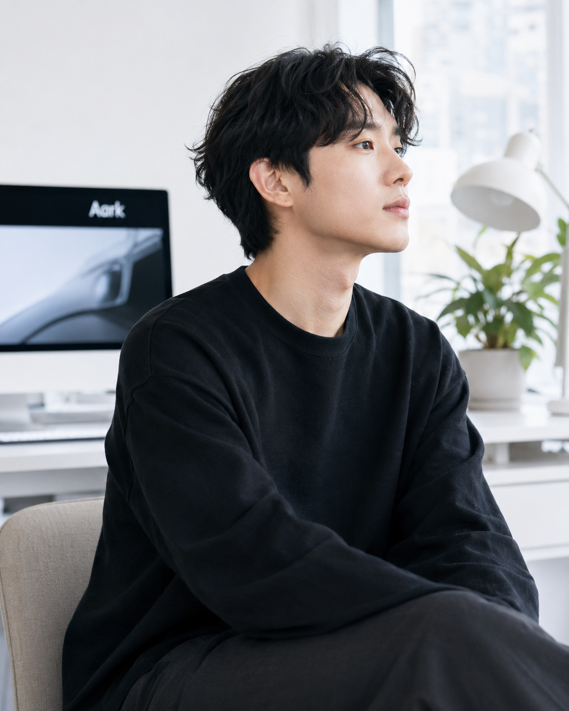 밝은 작업실에 앉아 있는 디자이너 이미지
